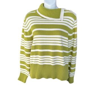 Vtg Womens Nautical Stripe Sweater Large Green Ivory Knit Buttons Classic Preppy
